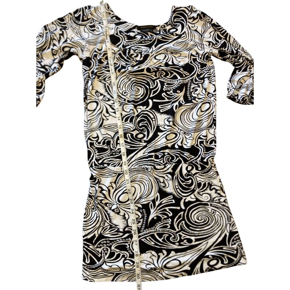 BCBGMAXAZRIA Black & White Abstract Print Dress XS 3/4 Sleeve Stretch Knit Scoop - Picture 6 of 6